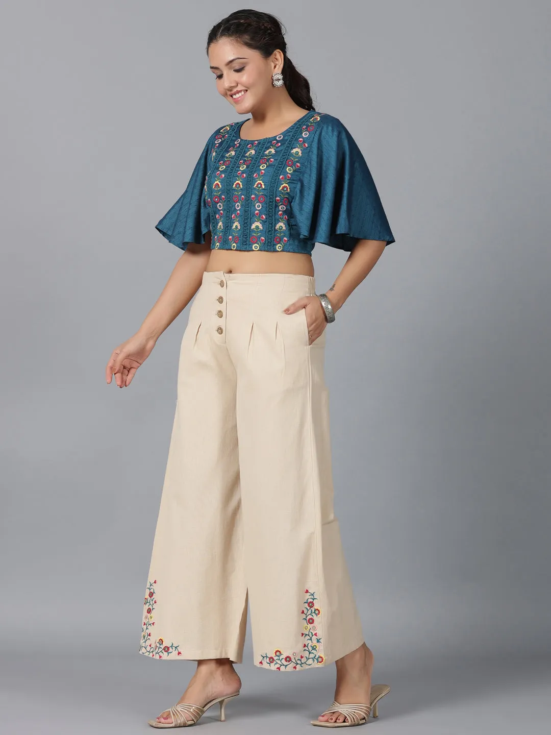 Juniper Women Blue Rayon Embroidered Co-ord  Set