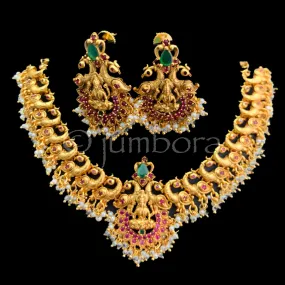 Lakshmi Peacock Matte Antique Gold Necklace with Pearls