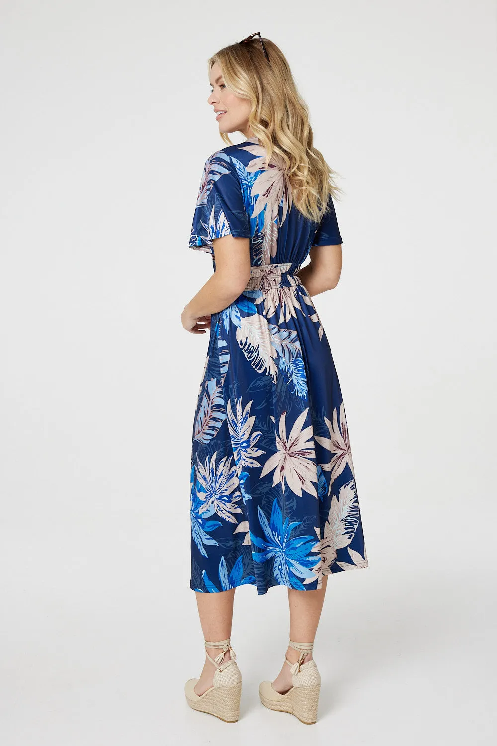 Leaf Print Empire Waist Midi Dress