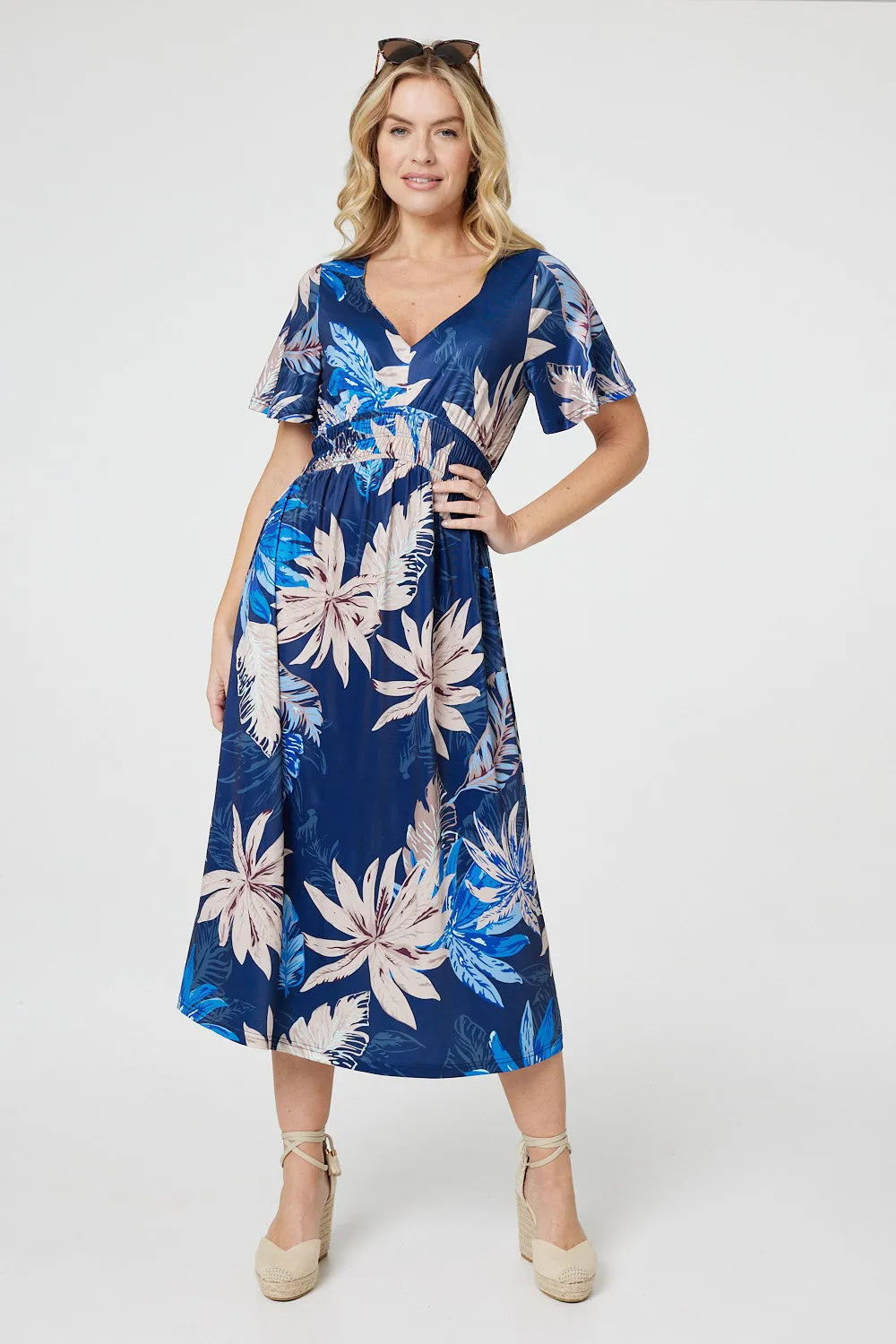 Leaf Print Empire Waist Midi Dress