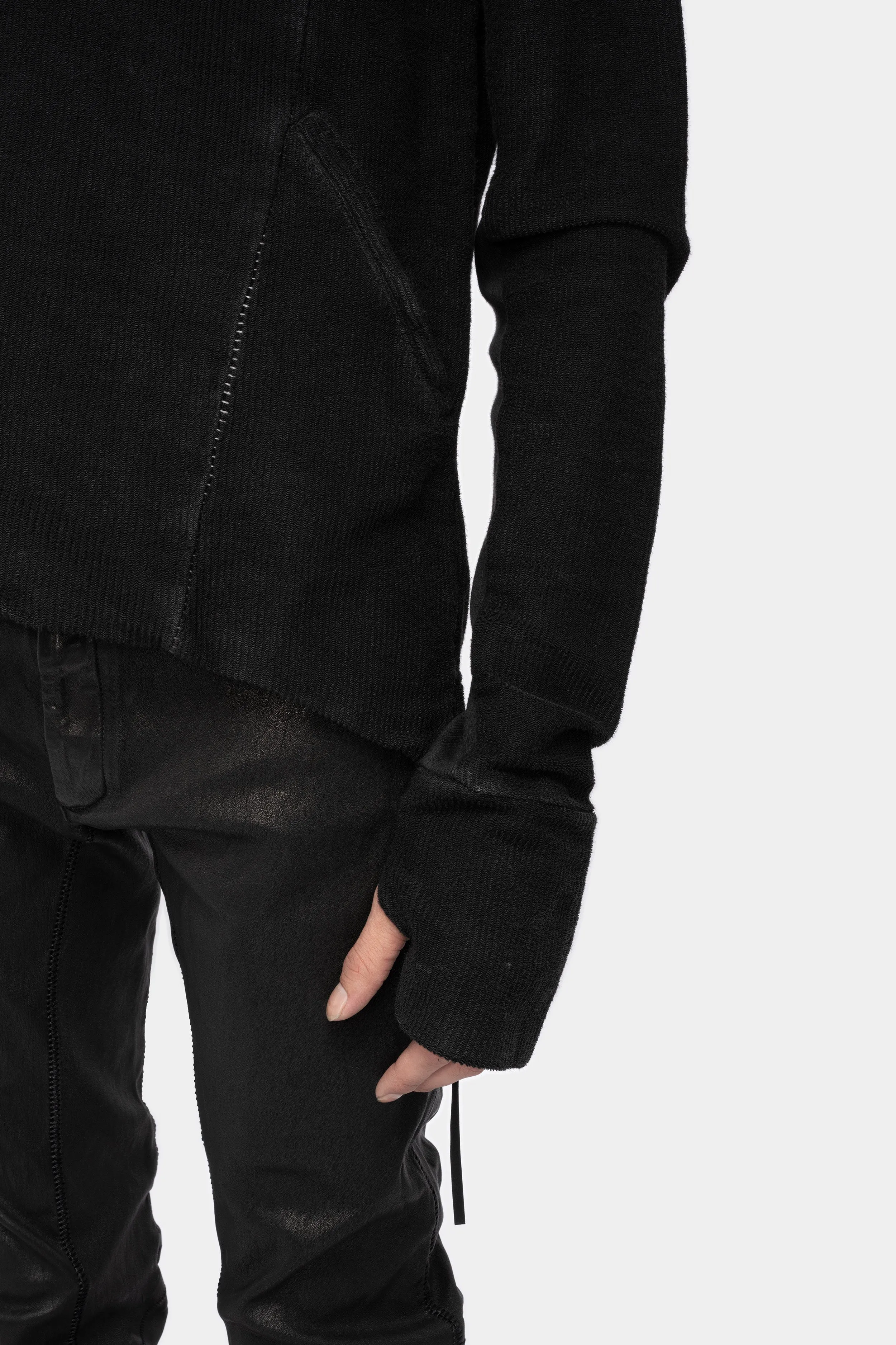 Leather effect ribbed cotton zip up hood sweater