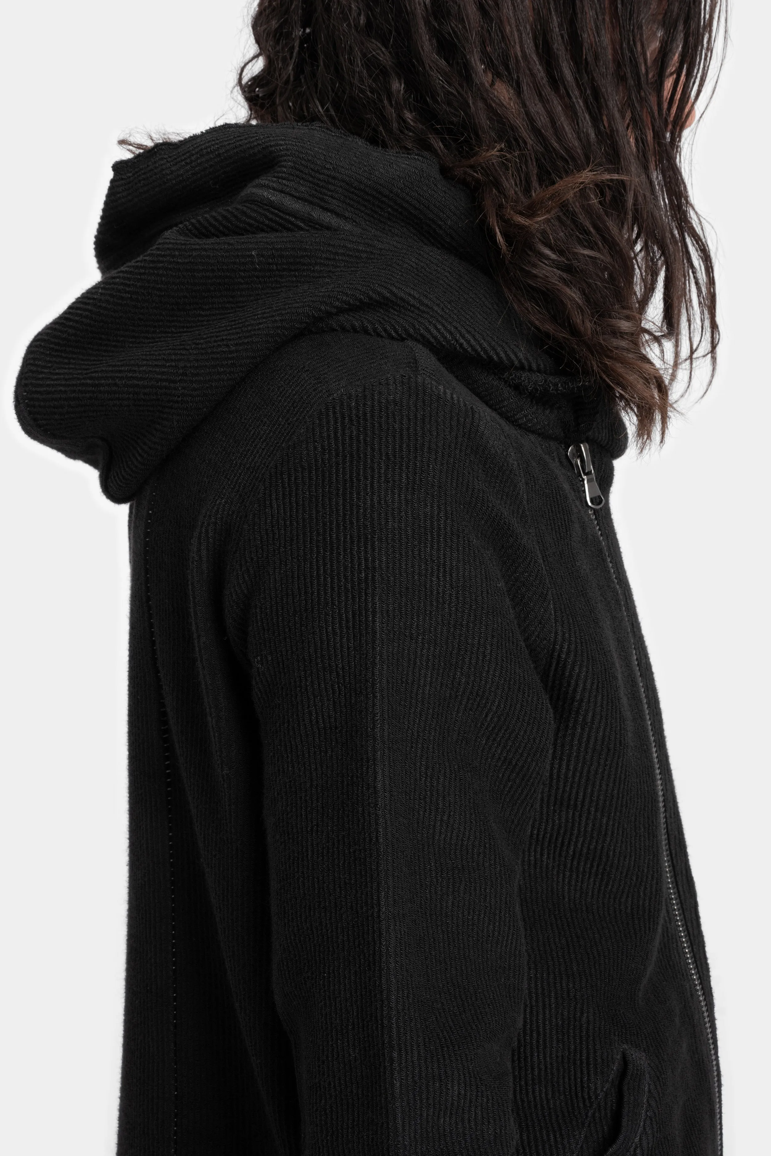 Leather effect ribbed cotton zip up hood sweater