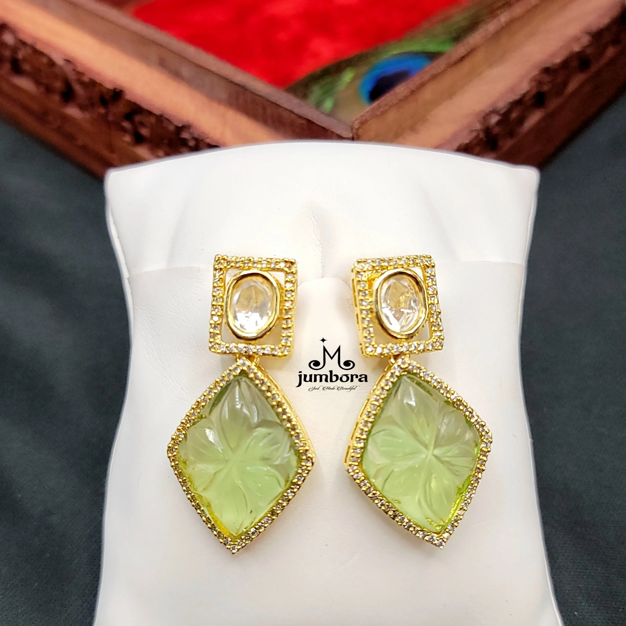 Light Green Carved Stone AD Zircon Kundan Stud Earring