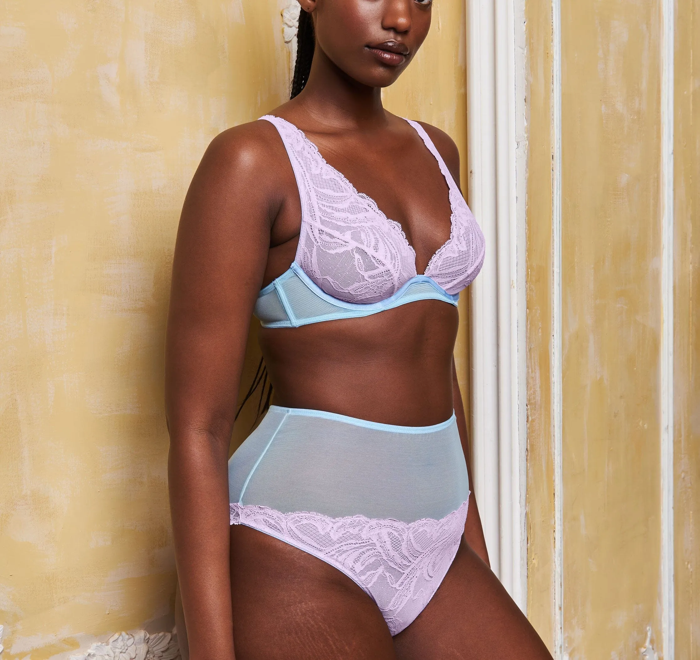 Lilac lace & cornflower mesh high apex plunge