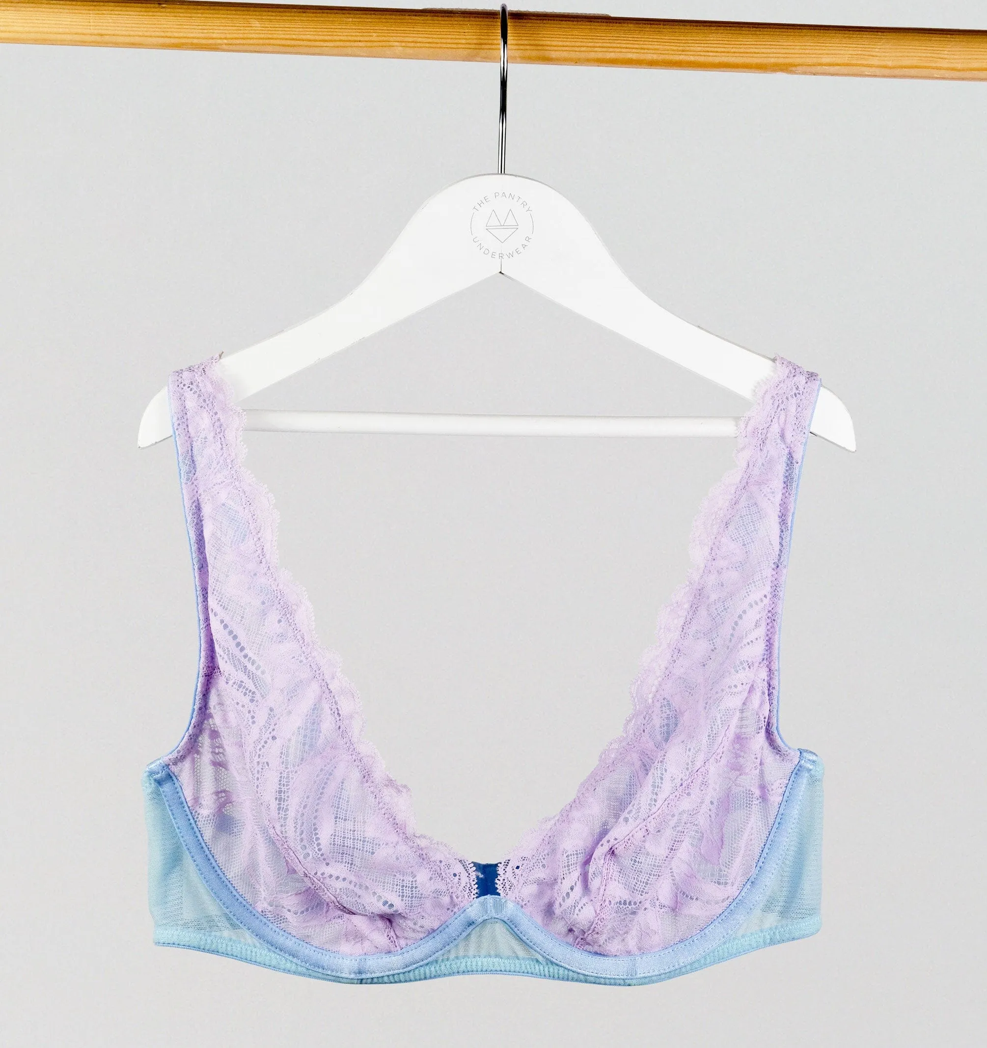 Lilac lace & cornflower mesh high apex plunge