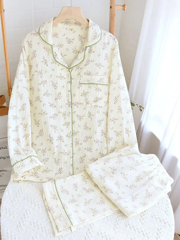 Long Sleeve Cotton Lapel Floral Print Pajamas