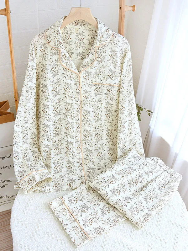 Long Sleeve Cotton Lapel Floral Print Pajamas