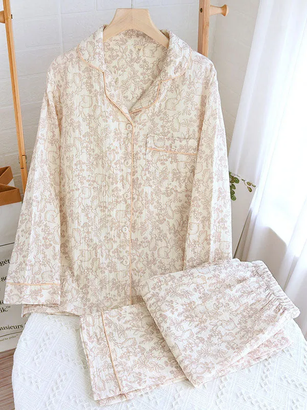 Long Sleeve Cotton Lapel Floral Print Pajamas