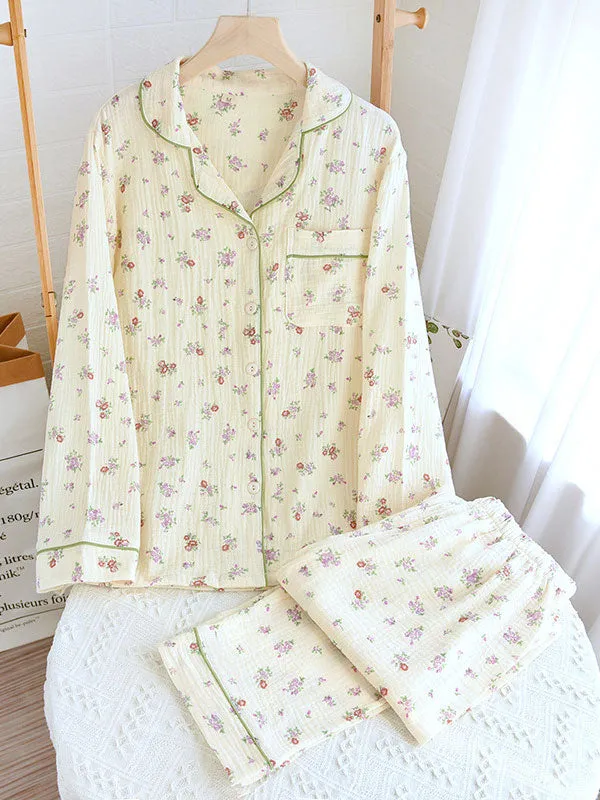 Long Sleeve Cotton Lapel Floral Print Pajamas