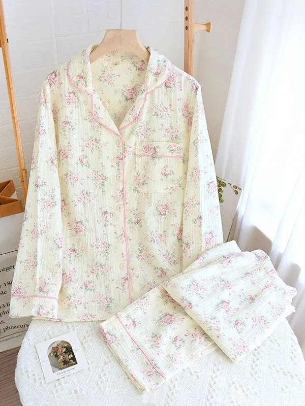 Long Sleeve Cotton Lapel Floral Print Pajamas