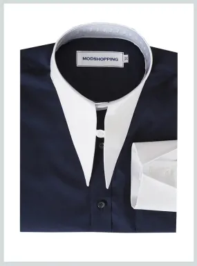 Long Spearpoint Tab Collar Navy Blue Shirt