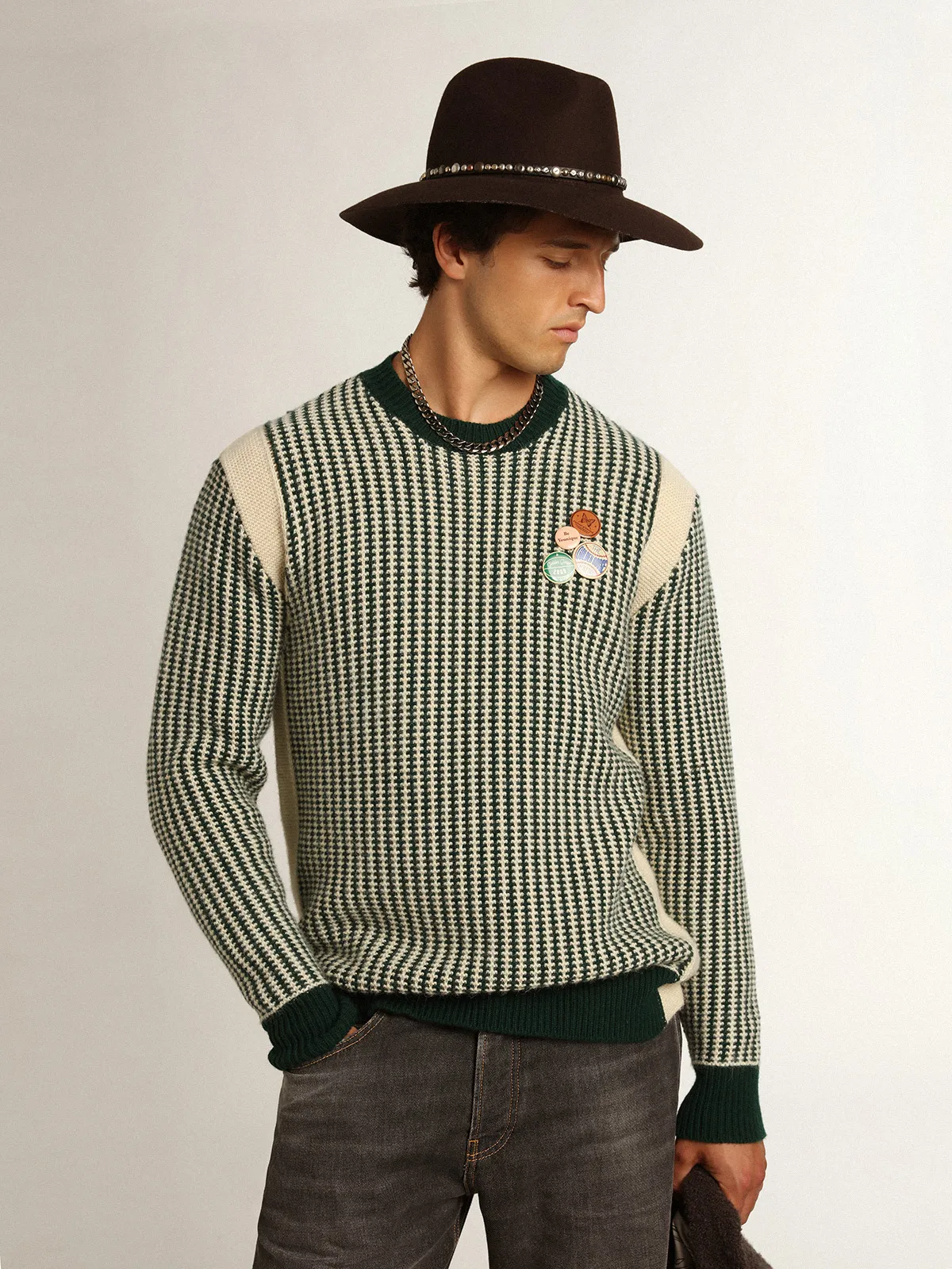 Men's round-neck sweater in two-tone white and green wool