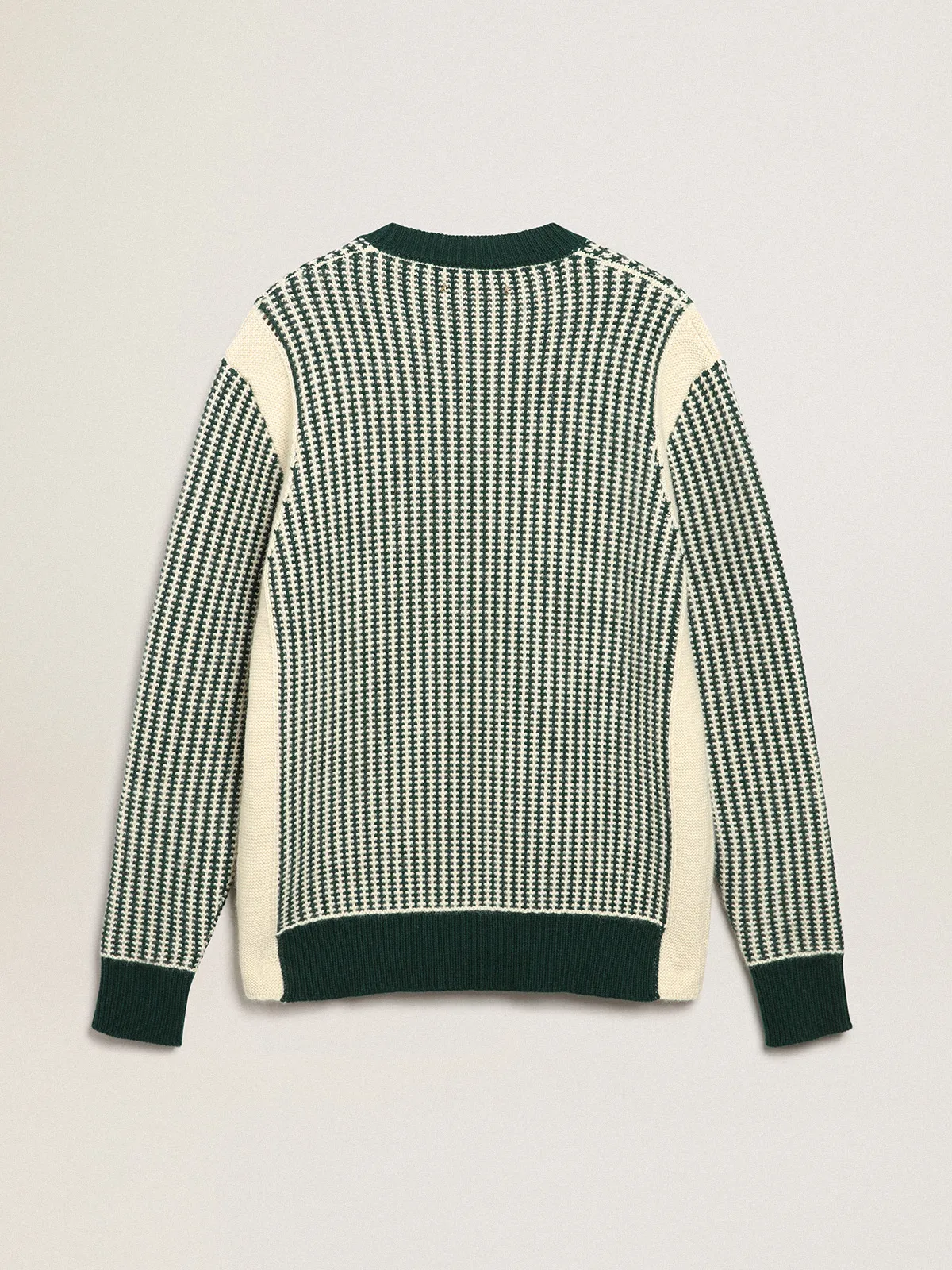 Men's round-neck sweater in two-tone white and green wool