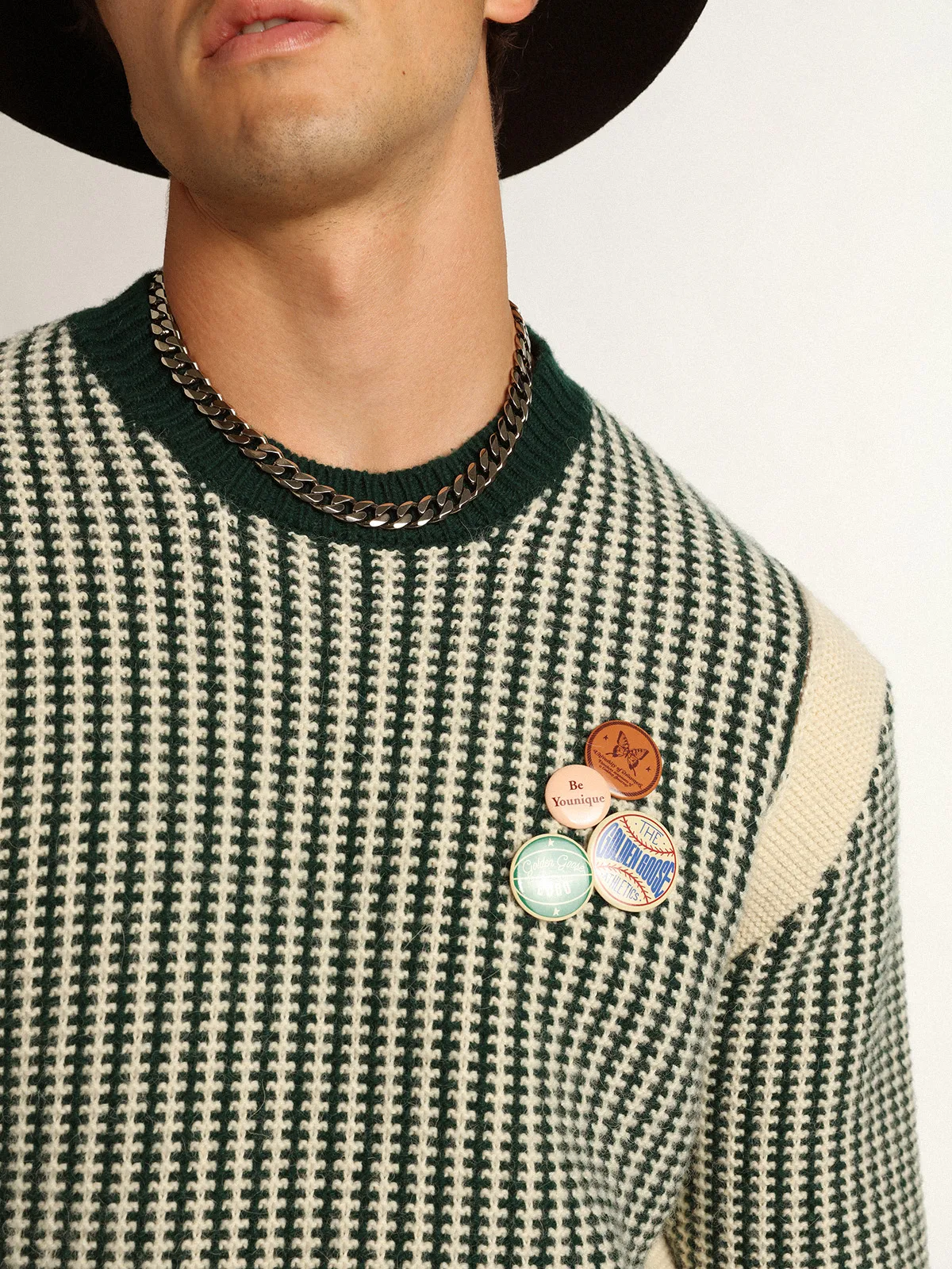 Men's round-neck sweater in two-tone white and green wool