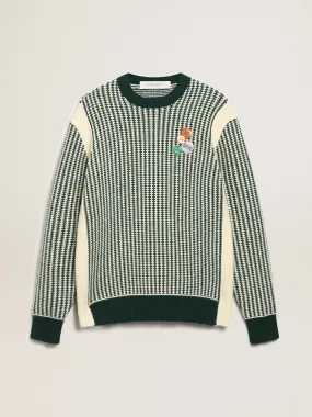 Men's round-neck sweater in two-tone white and green wool