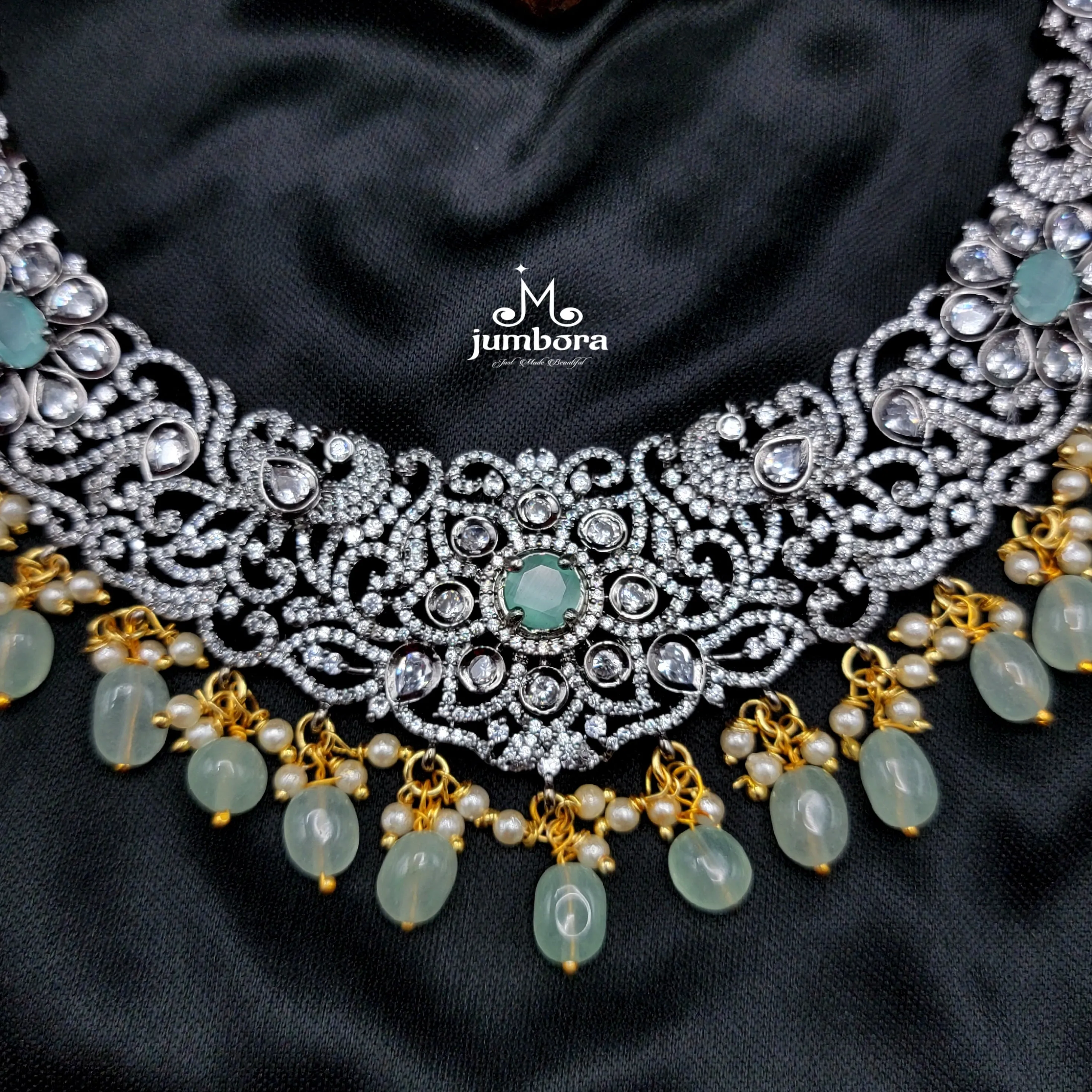 Mint Green & White AD Zircon Victorian Bridal Necklace