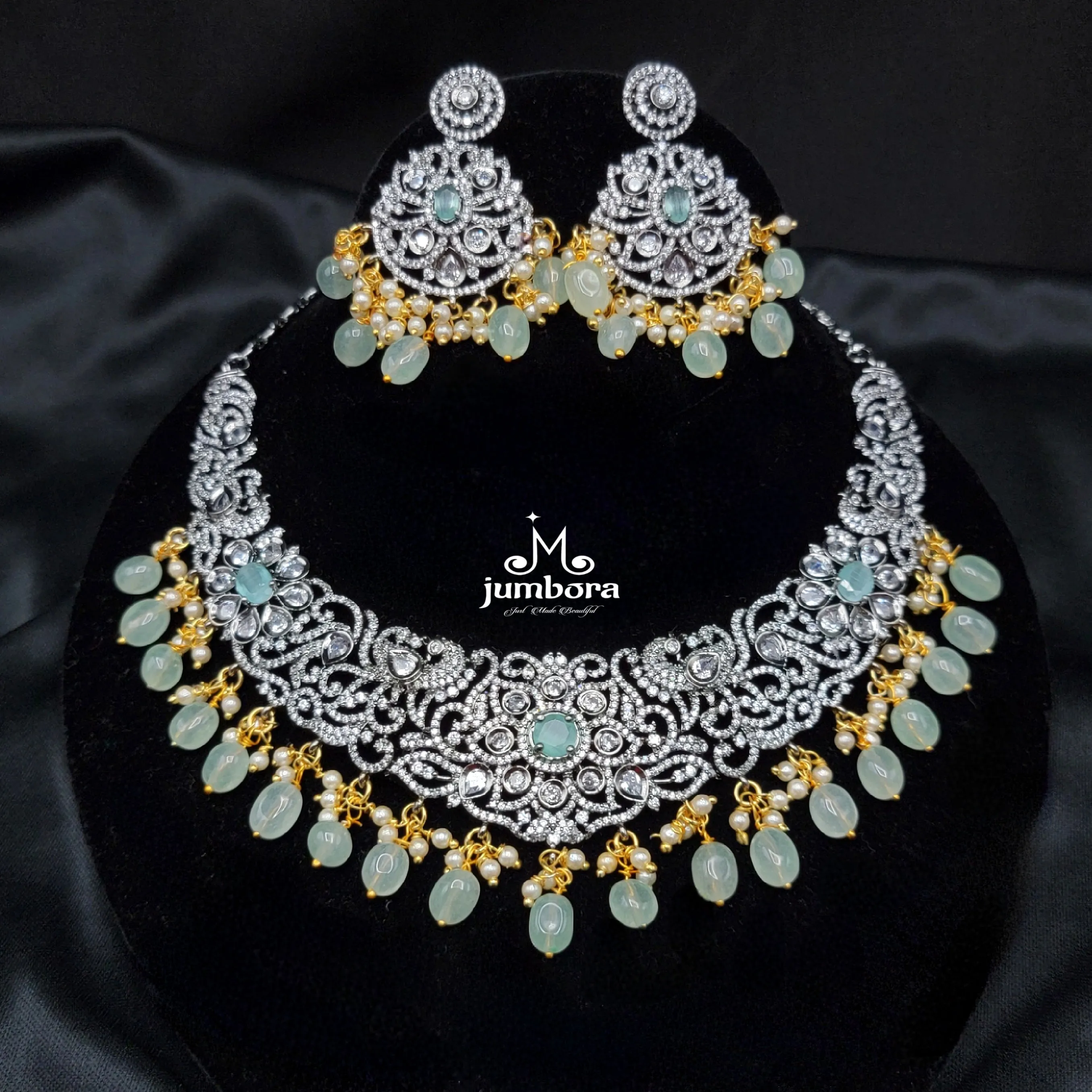 Mint Green & White AD Zircon Victorian Bridal Necklace