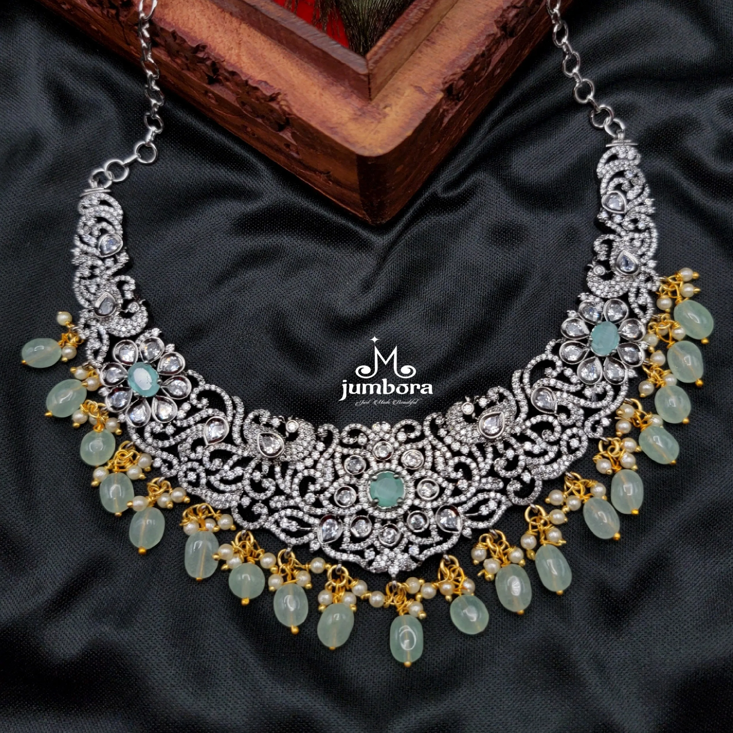 Mint Green & White AD Zircon Victorian Bridal Necklace