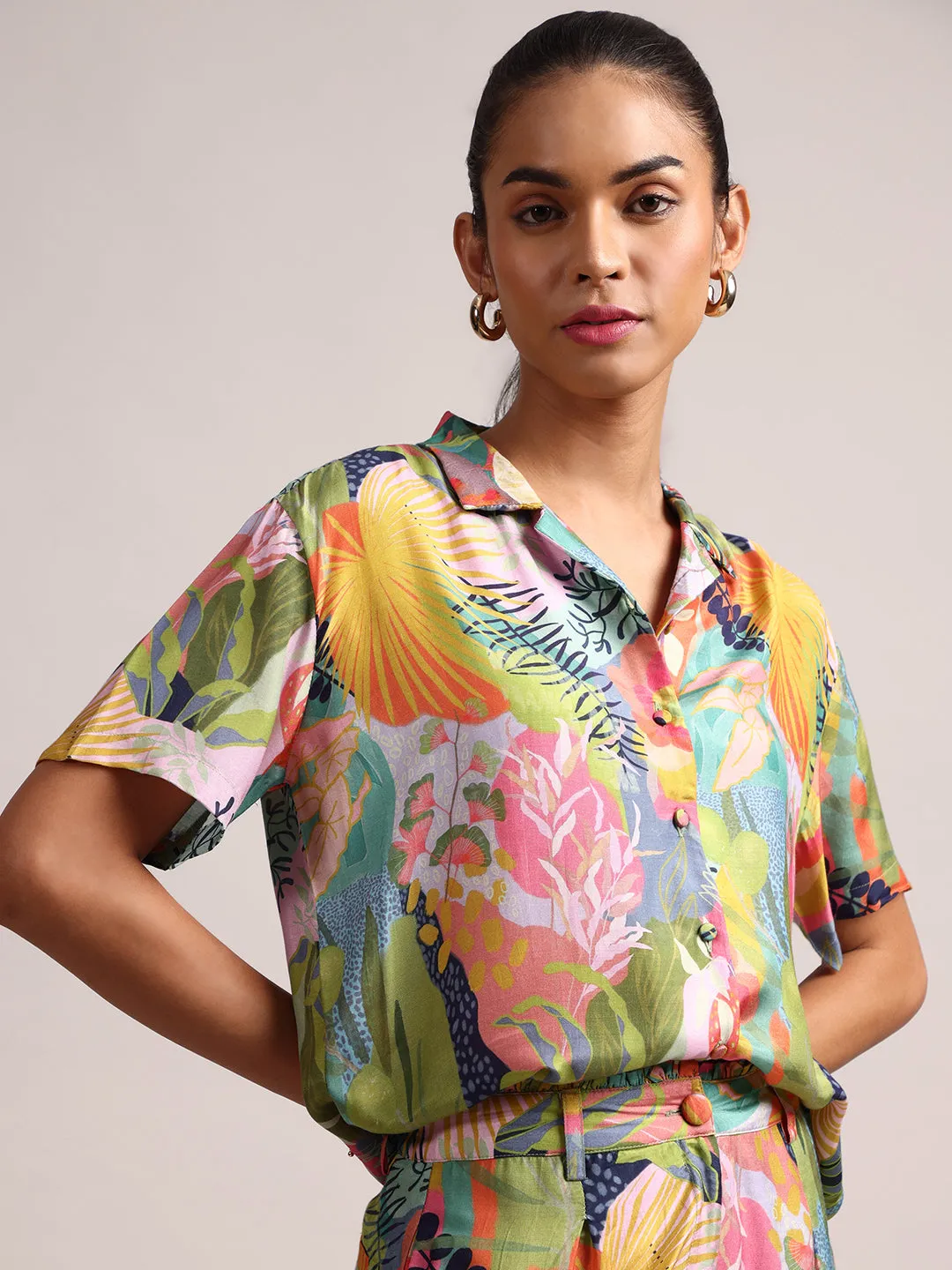 Multicolor Muslin Tropical Floral Print Shirt Co-Ord Set