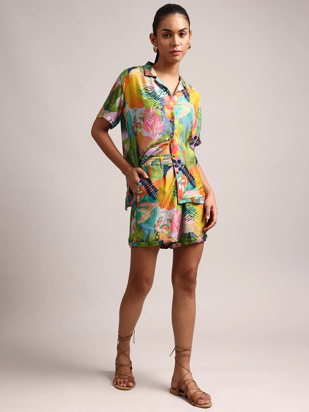 Multicolor Muslin Tropical Floral Print Shirt Co-Ord Set