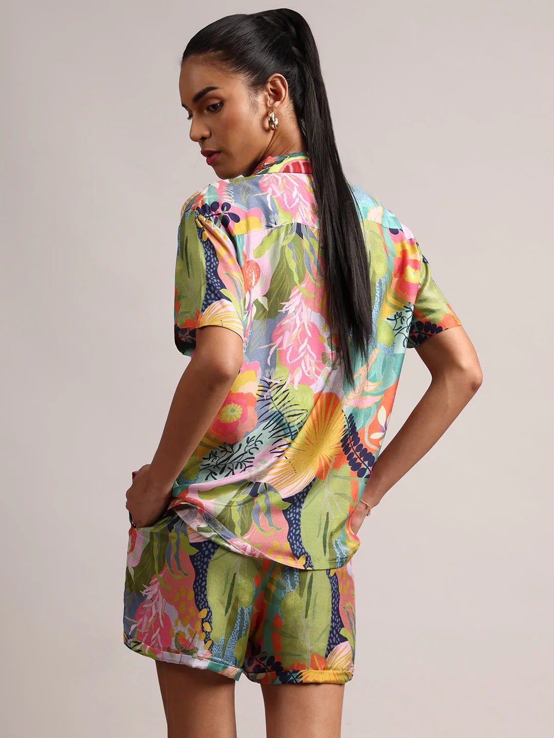 Multicolor Muslin Tropical Floral Print Shirt Co-Ord Set