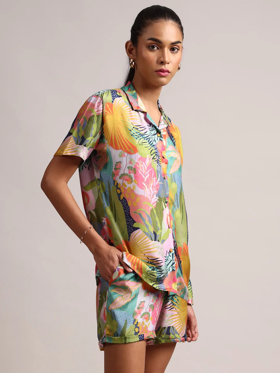 Multicolor Muslin Tropical Floral Print Shirt Co-Ord Set