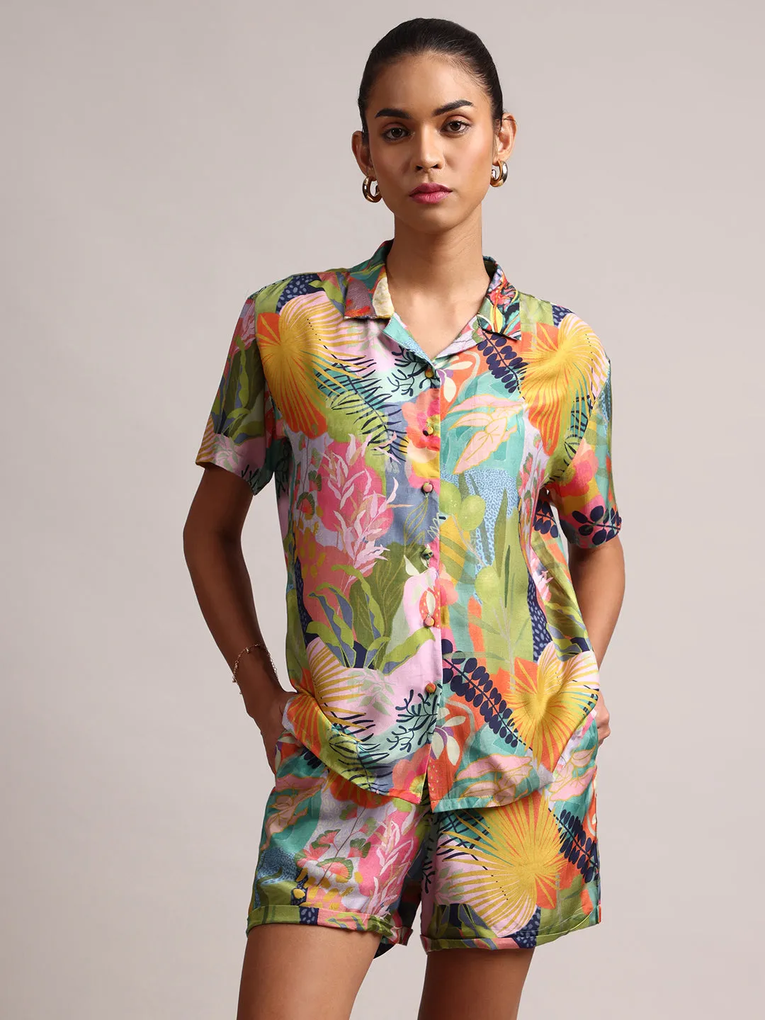 Multicolor Muslin Tropical Floral Print Shirt Co-Ord Set