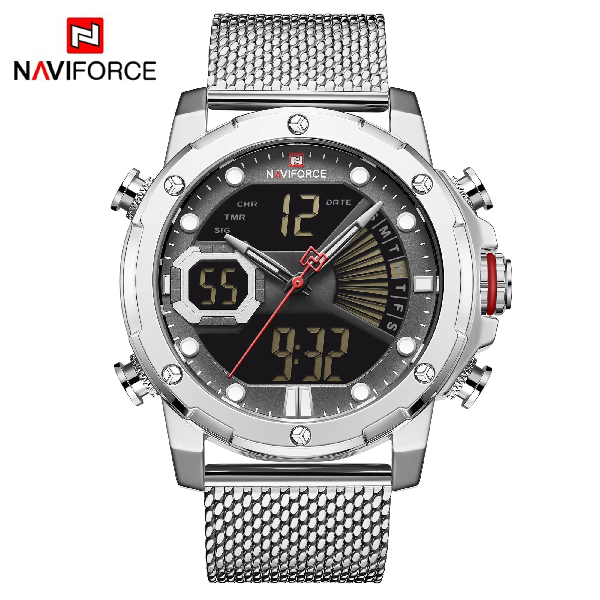 NAVIFORCE Men Military Sport Digital Watch Stainless Steel Band Waterproof Quartz Watches NF9172S