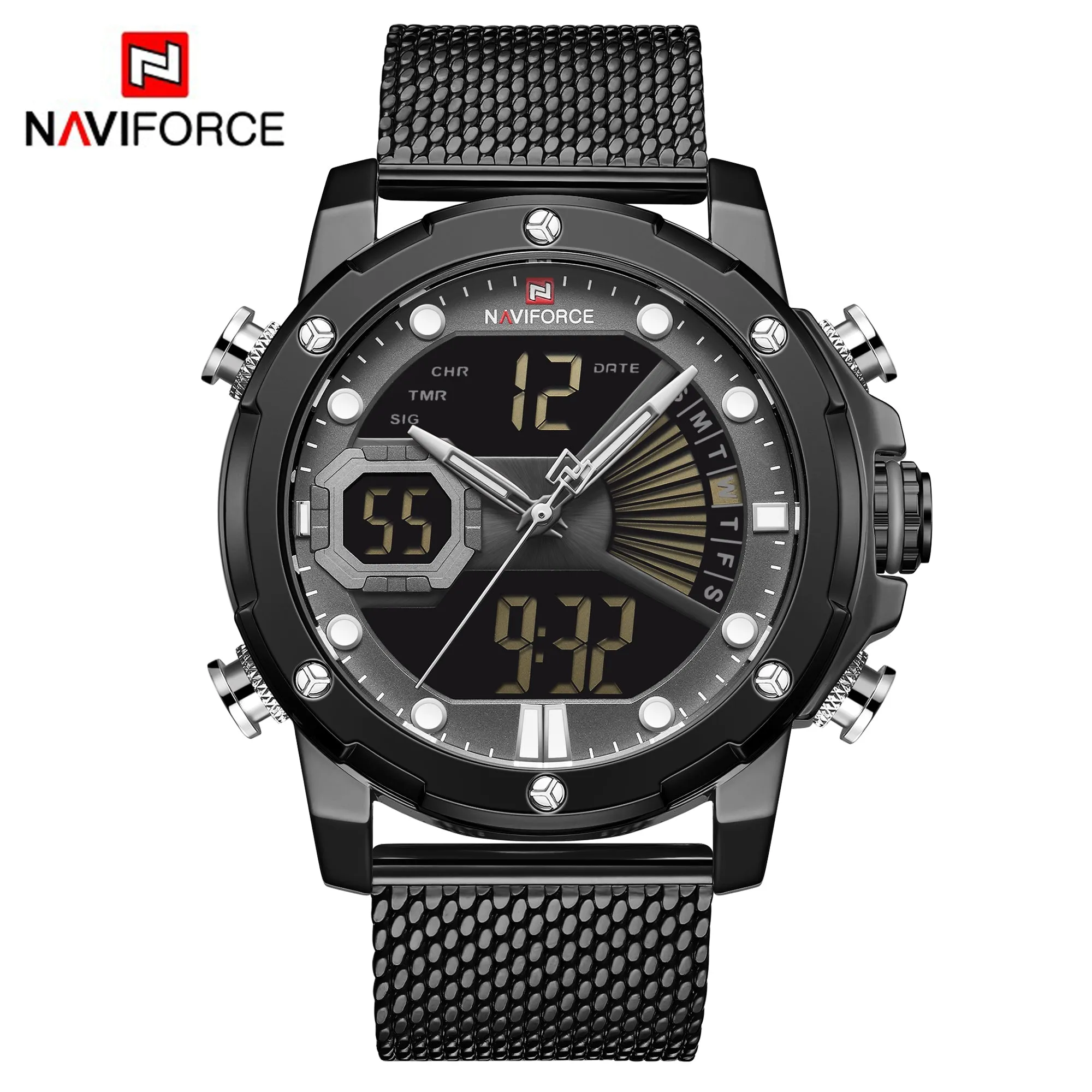 NAVIFORCE Men Military Sport Digital Watch Stainless Steel Band Waterproof Quartz Watches NF9172S