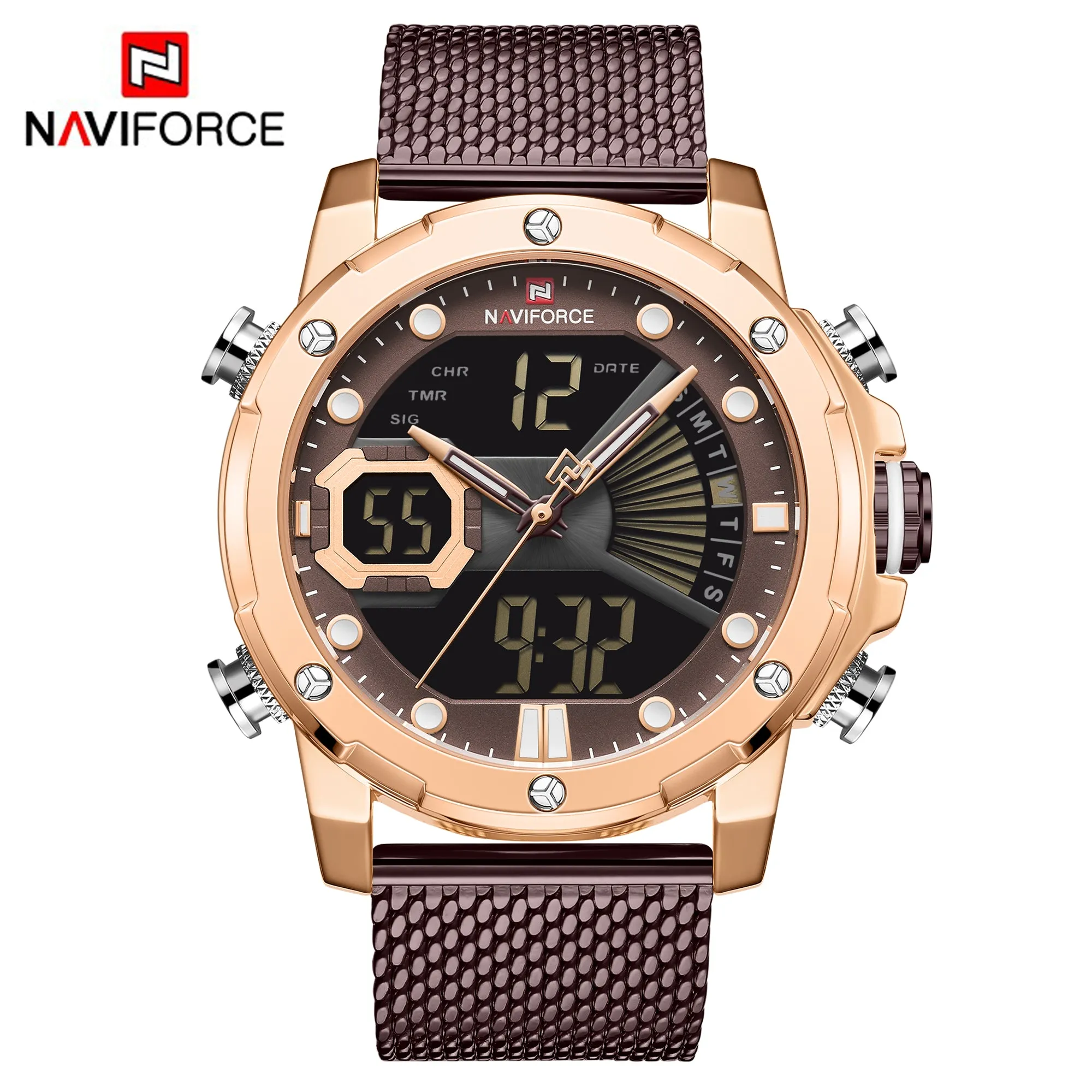 NAVIFORCE Men Military Sport Digital Watch Stainless Steel Band Waterproof Quartz Watches NF9172S