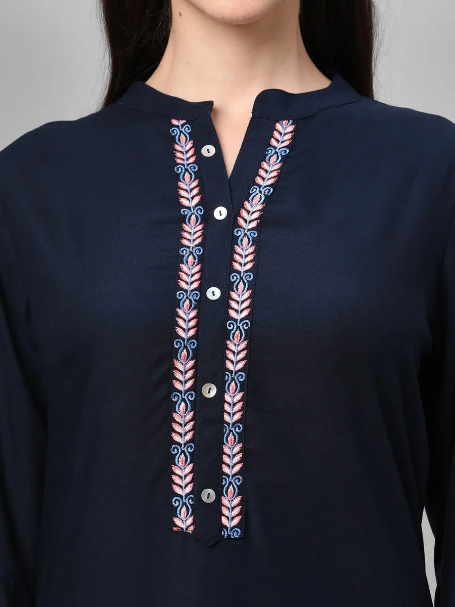 Navy Blue Embroidered Mandarin Collar Kurta