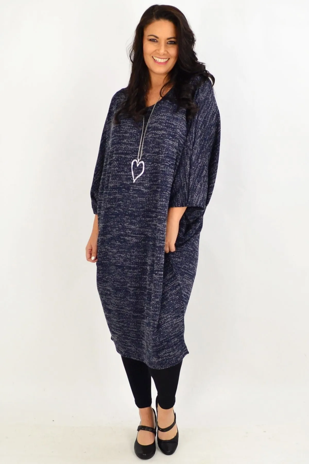 Navy Blue Textured Knit Tunic Dress