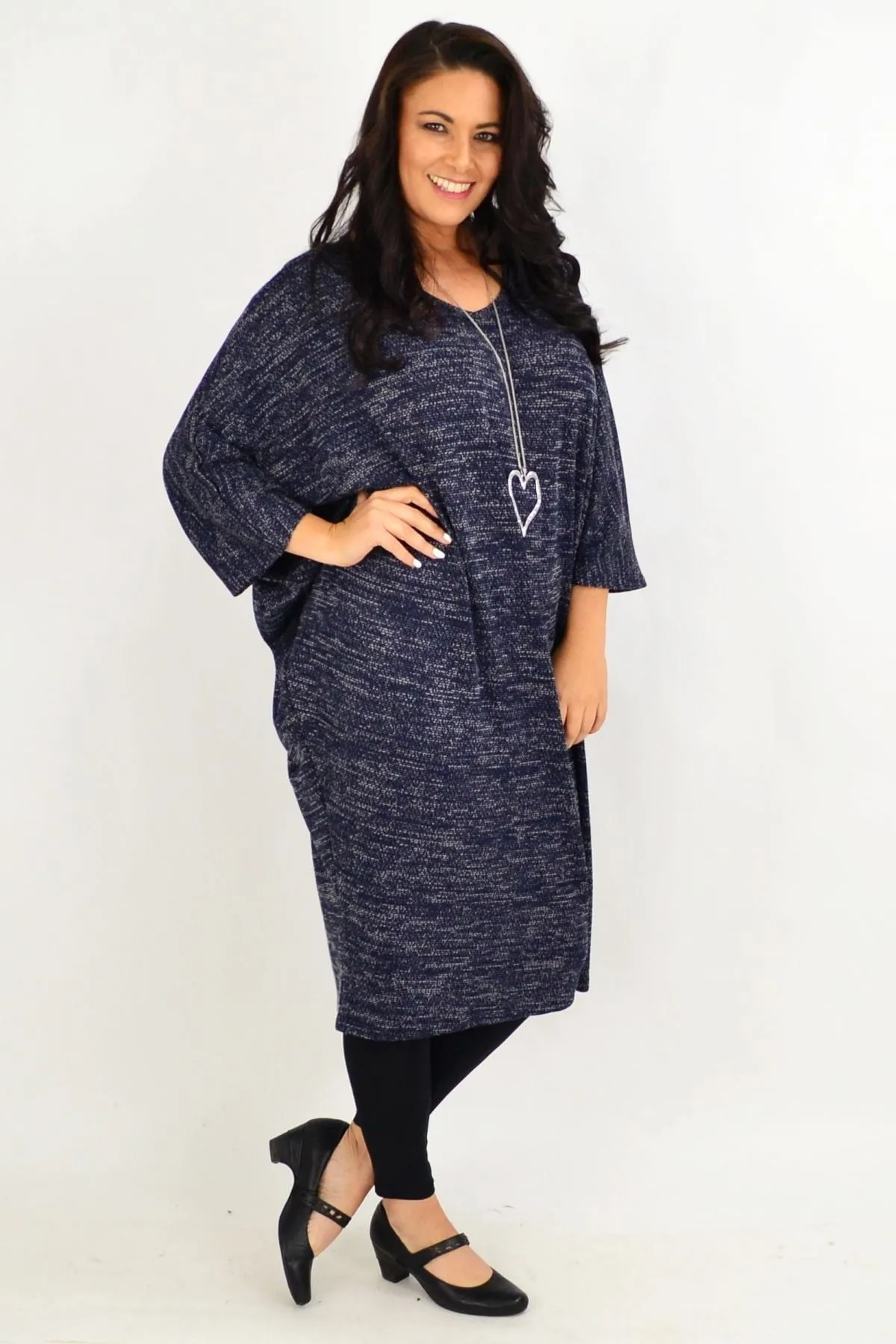 Navy Blue Textured Knit Tunic Dress