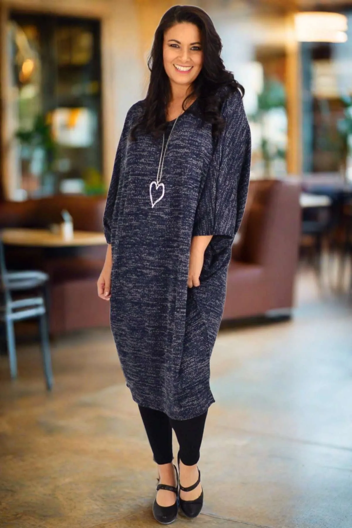 Navy Blue Textured Knit Tunic Dress