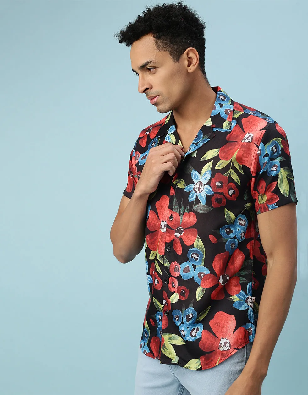 Navy Floral Printed Casual Shirt