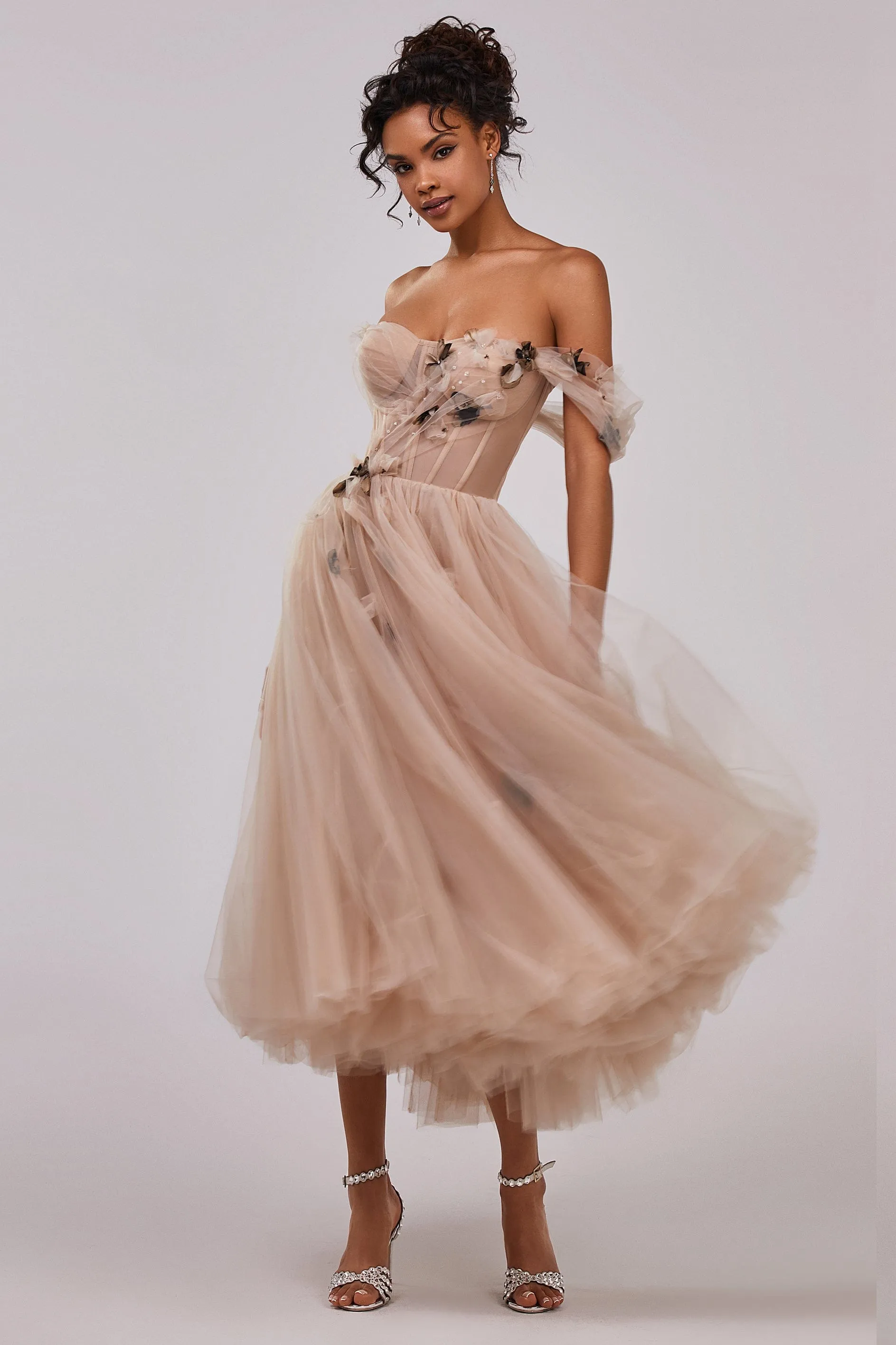 Off-the-shoulder midi gown with the tender embellishment