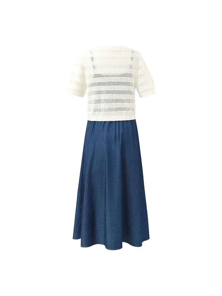 Openwork Drawstring Cardigan And Denim Spaghetti Strap Dress Two-Piece Set