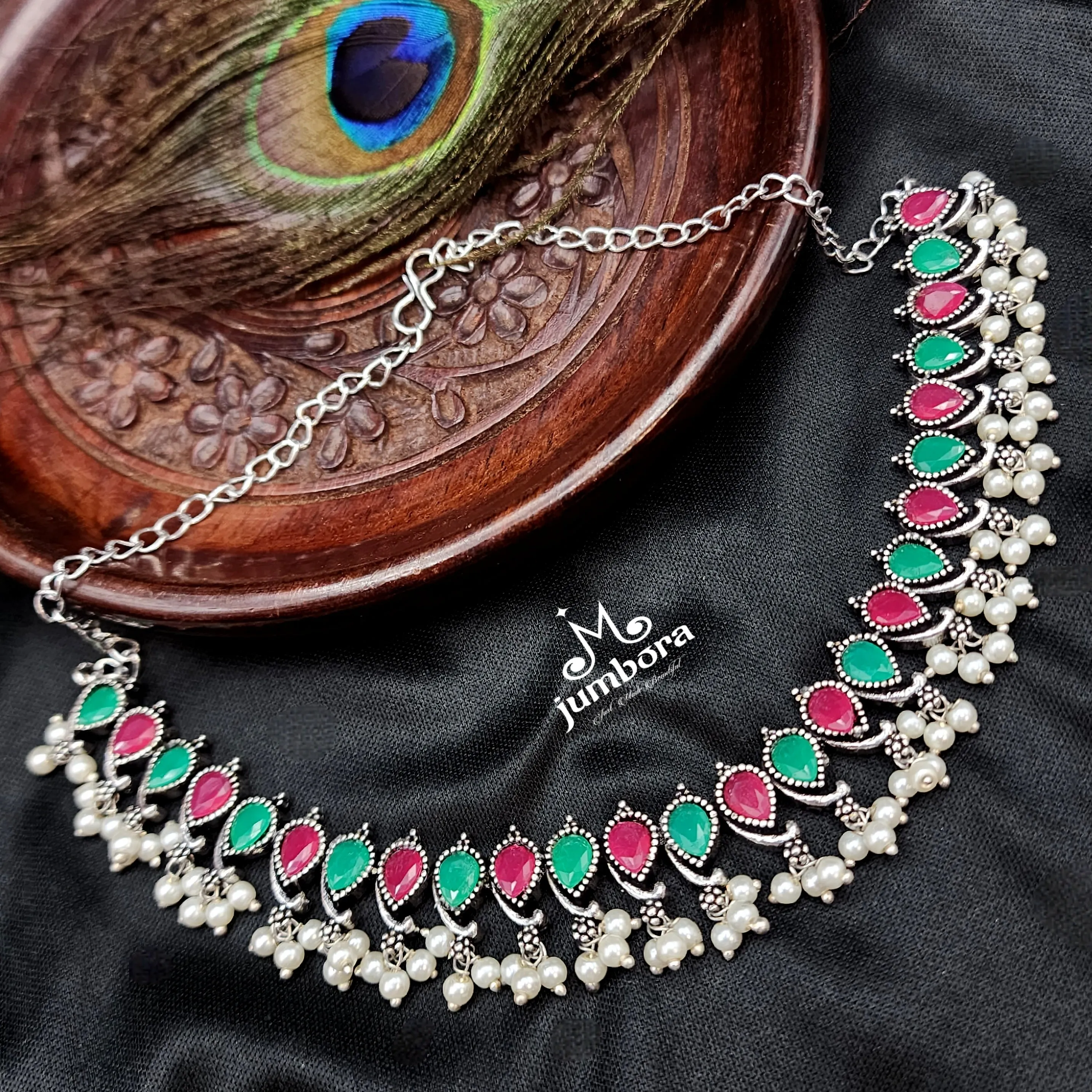 Oxidized German Silver Mango  Red & Green Stone Necklace set