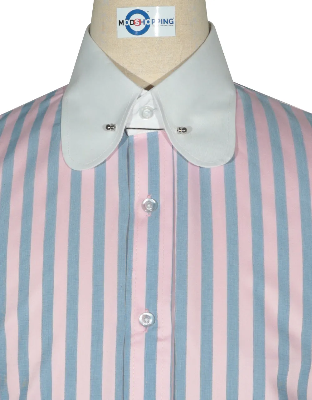 Penny Pin Collar Shirt - Pink and Navy Blue  Stripe Shirt