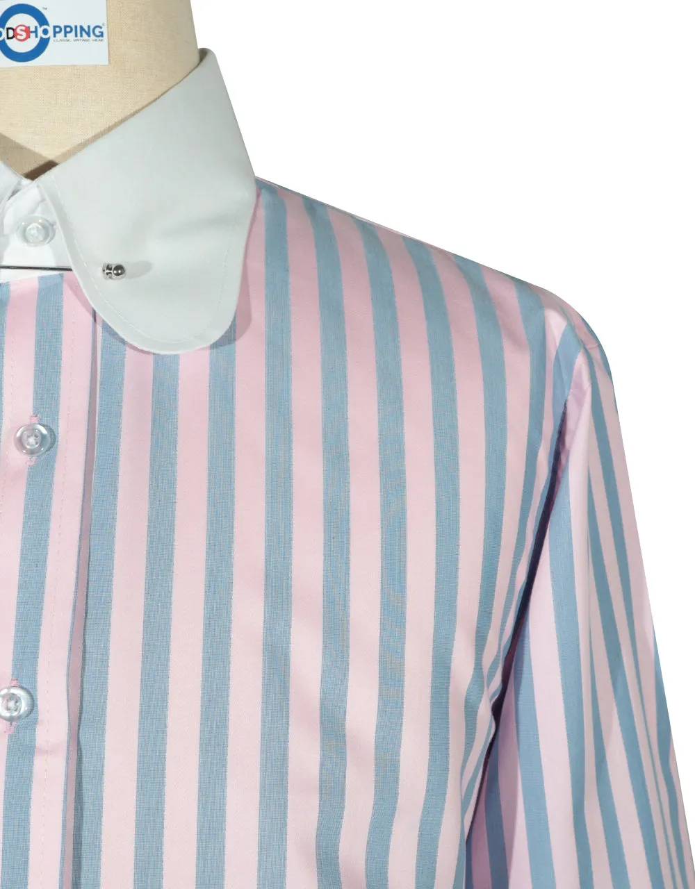 Penny Pin Collar Shirt - Pink and Navy Blue  Stripe Shirt