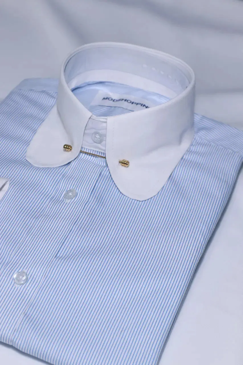 Penny Pin Collar Shirt - Sky Blue Pinstripe Shirt