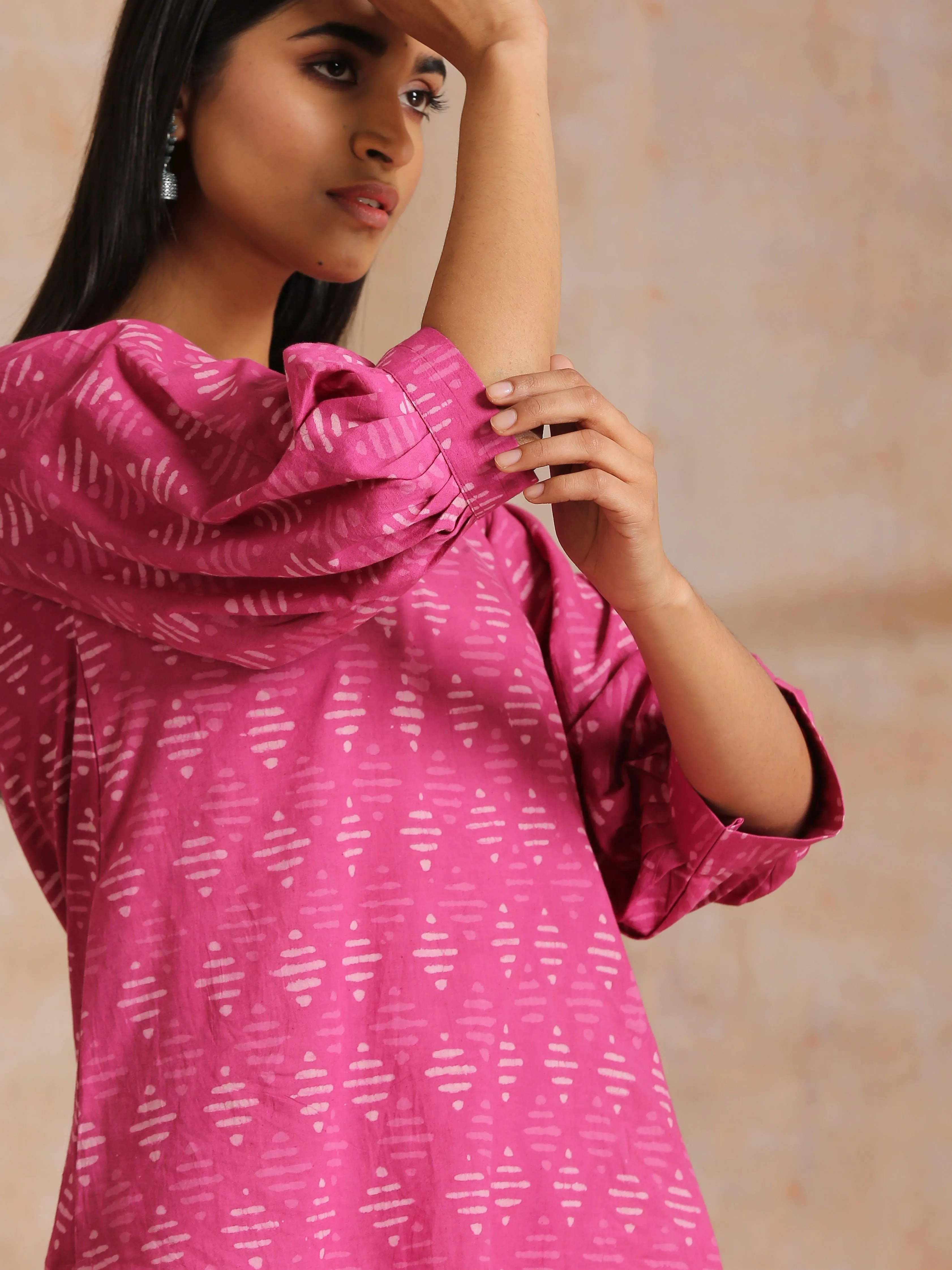 Pink Dabu Print Cotton Baggy Sleeve Co-Ord Set