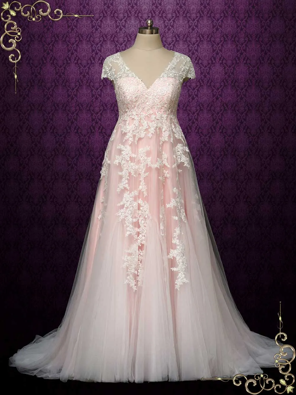 Pink Lace Wedding Dress with Empire Waist AYLA