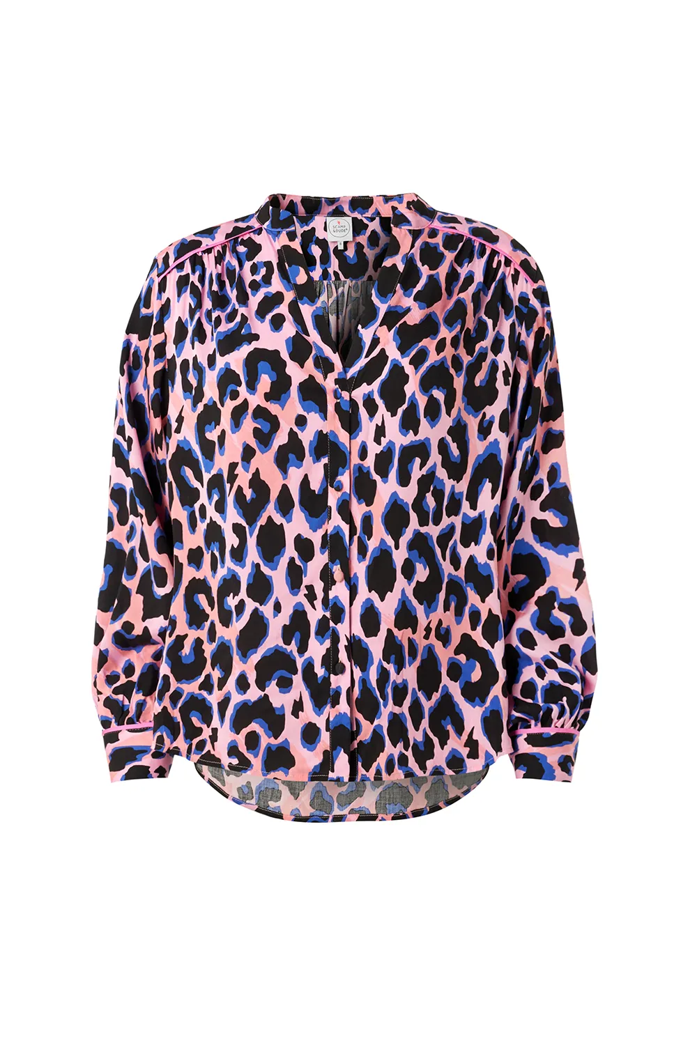 Pink with Blue and Black Shadow Leopard Collarless Shirt