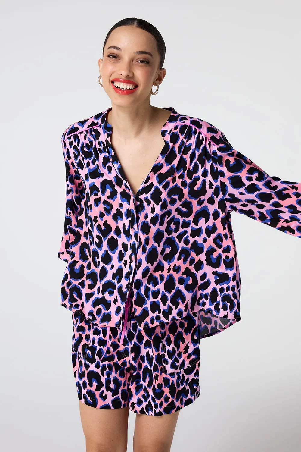 Pink with Blue and Black Shadow Leopard Collarless Shirt