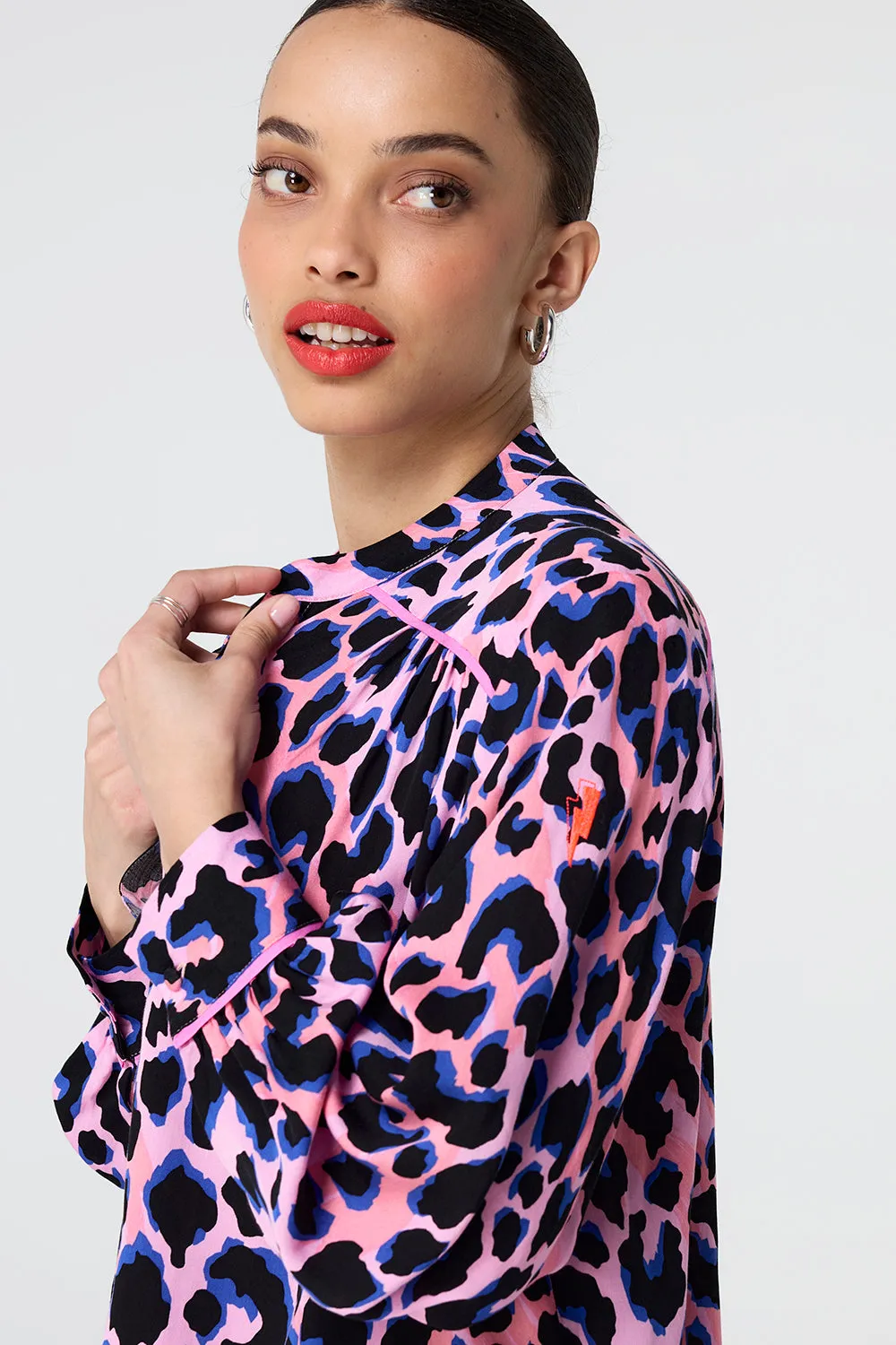 Pink with Blue and Black Shadow Leopard Collarless Shirt