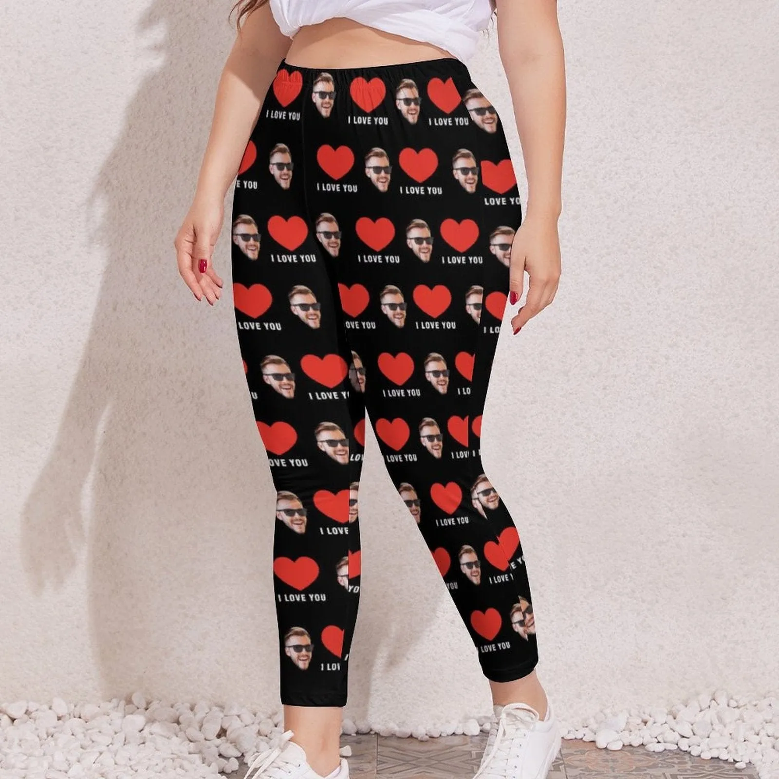 #Plus Size Custom Face Red Heart I Love You Women's Plus Size Stretch Leggings