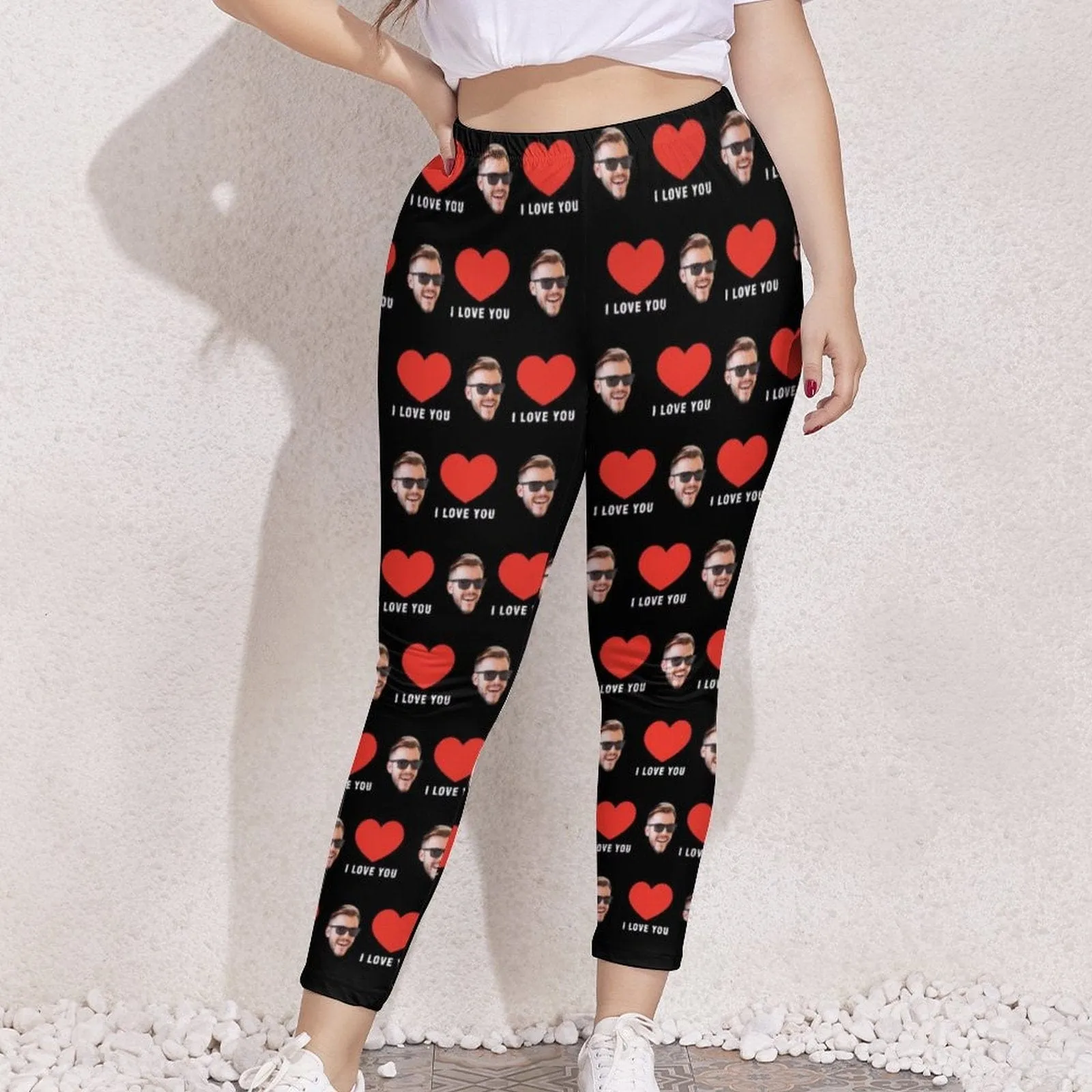 #Plus Size Custom Face Red Heart I Love You Women's Plus Size Stretch Leggings