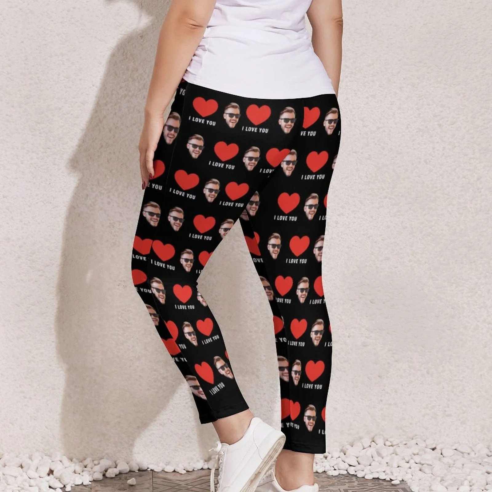 #Plus Size Custom Face Red Heart I Love You Women's Plus Size Stretch Leggings