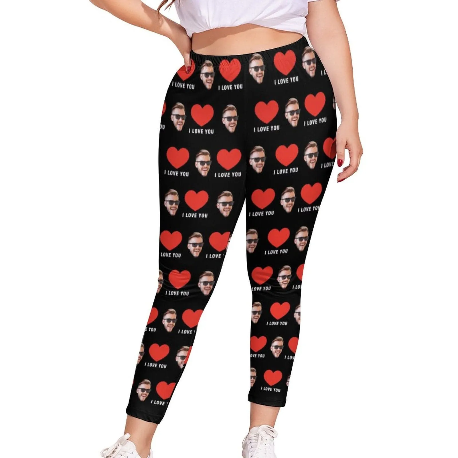 #Plus Size Custom Face Red Heart I Love You Women's Plus Size Stretch Leggings